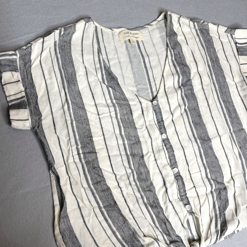 Cloth & Stone Anthropologie Striped V Neck‎ Button Down Linen Blend Top - Picture 2 of 5